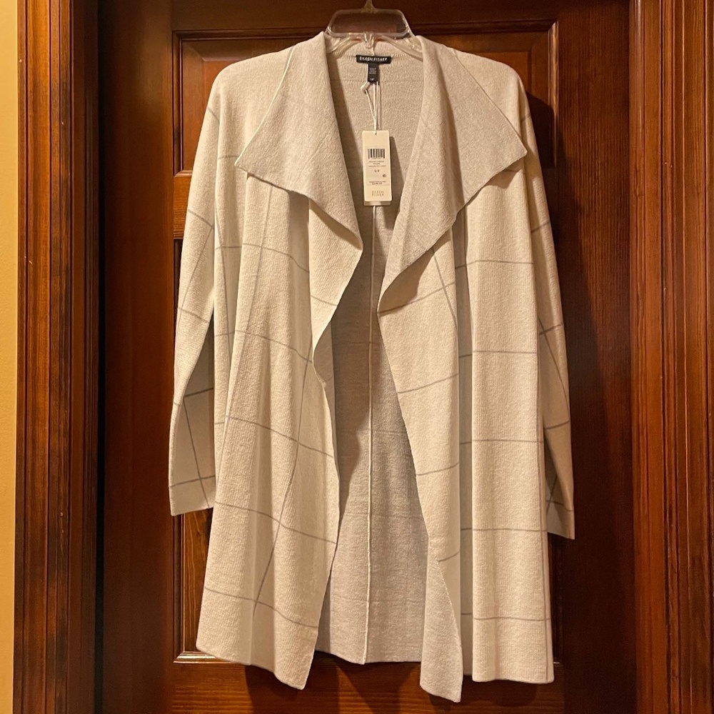 Eileen Fisher Windowpane Graphic Angled Front Organic Cotton Silk Cardigan